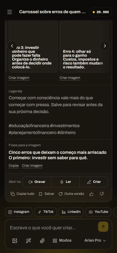A Arian monta um carrossel de cinco páginas sobre os erros de quem começa a investir, com a legenda e as hashtags, e as páginas passam uma a uma.