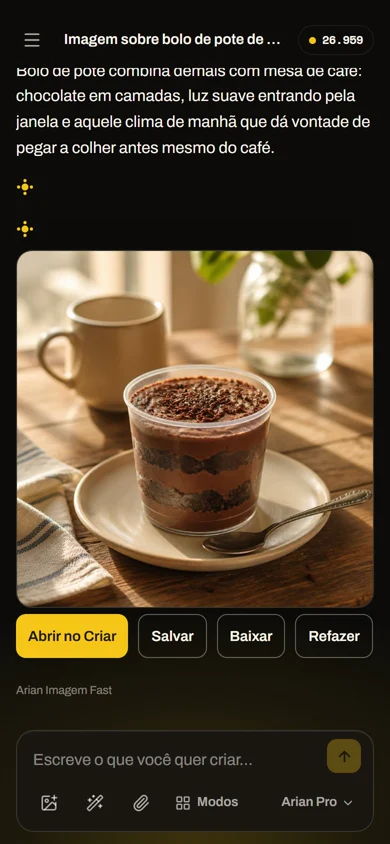 A pessoa pede uma imagem de um bolo de pote de chocolate numa mesa de café, a Arian pergunta se cria na Fast ou na Pro, e a foto aparece na conversa.