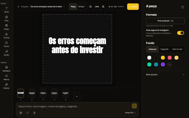 A Arian escreve um carrossel de cinco páginas na conversa, e um toque em Criar abre as páginas no estúdio do Modo Criar.