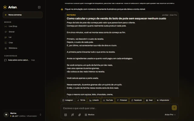 No computador, a pessoa pede o roteiro de uma aula de cinco minutos sobre como calcular o preço do bolo de pote, e a Arian escreve a aula.